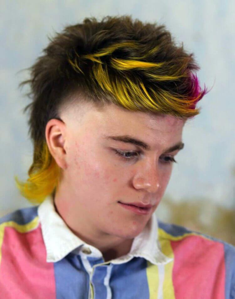 Peacock Colorful Mullet with Temple Fade haircut